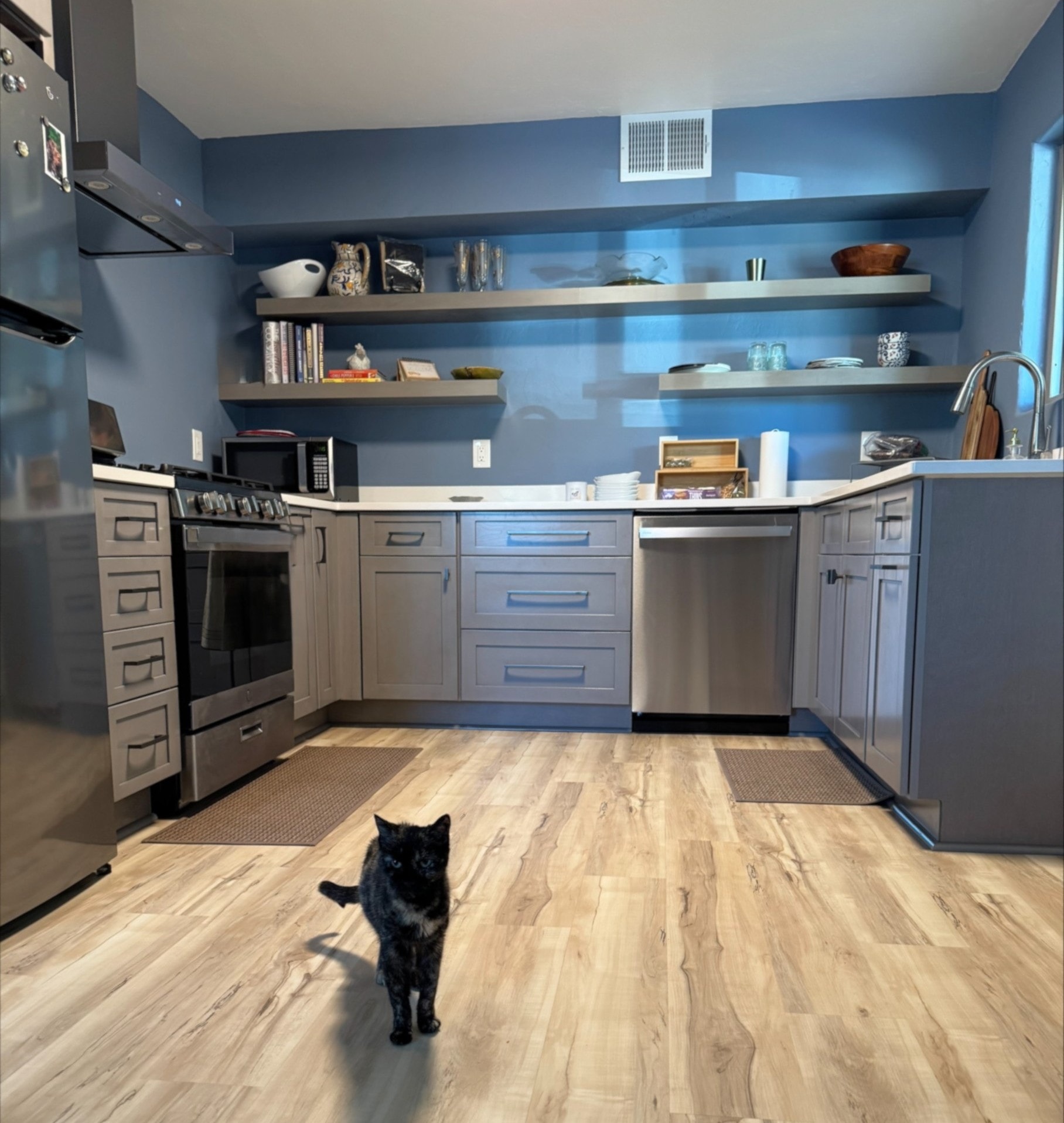 Gray shaker kitchen with blue accent wall, floating shelves, and luxury vinyl plank flooring — Birchard Remodeling Tucson