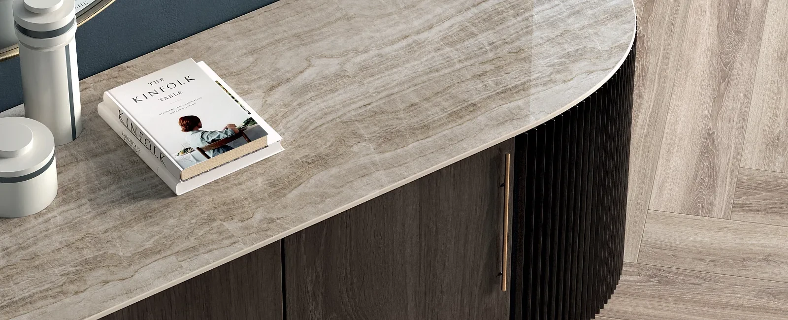 Stone countertop surface with dark cabinetry